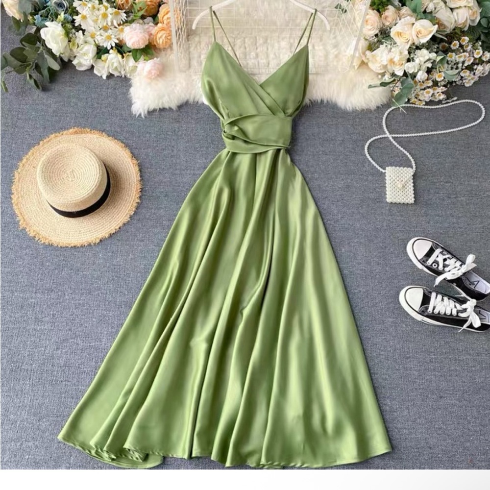 Elegant Sage Green Satin Dress